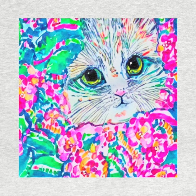 Watercolor portrait of a white kitten, Lilly Pulitzer inspired by SophieClimaArt